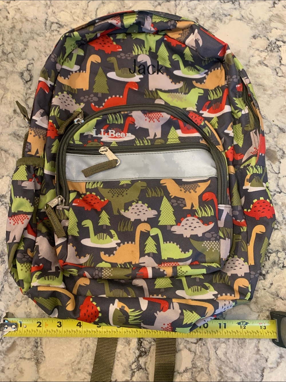 L.L. Bean Kids Backpack in Gray with Multicolor Dinosaur Print